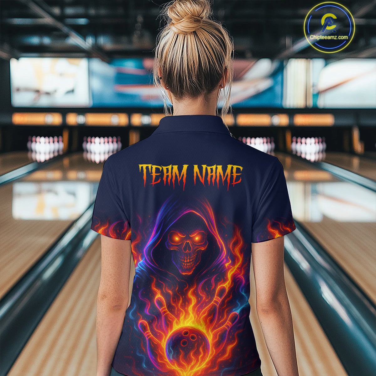 Custom Orange Flame Skull Bowling Shirts for Women Custom Team Bowling Shirts, gift for bowlers NQS10522