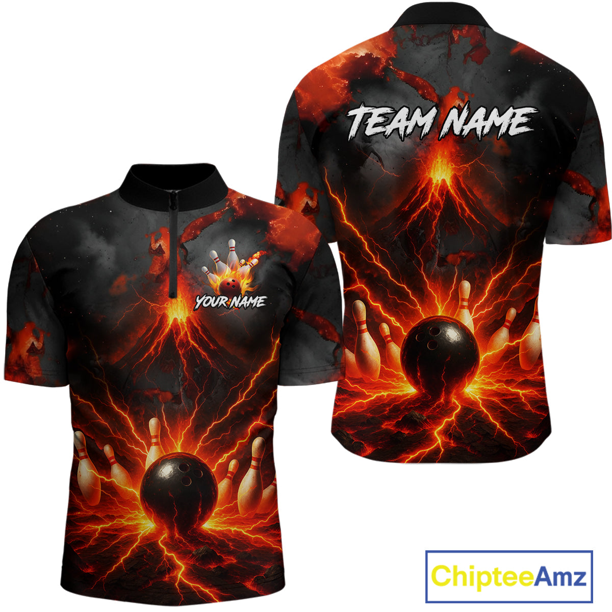 Red Lightning volcano Mens Bowling Polo, Quarter Zip shirts Custom bowling outfits gifts for men NQS10956