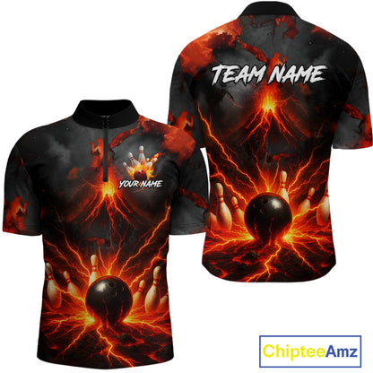 Red Lightning volcano Mens Bowling Polo, Quarter Zip shirts Custom bowling outfits gifts for men NQS10956