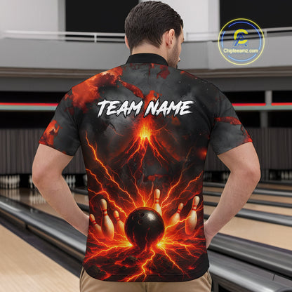 Red Lightning volcano Mens Bowling Polo, Quarter Zip shirts Custom bowling outfits gifts for men NQS10956