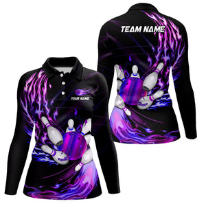 Womens bowling polo shirts Custom Purple flame Bowling ball and pins Team league bowler Jersey NQS7369