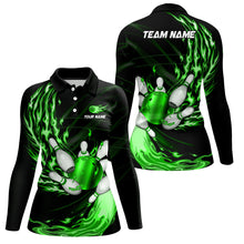 Load image into Gallery viewer, Womens bowling polo shirts Custom Green flame Bowling ball and pins Team league bowler Jersey NQS7370