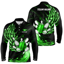 Load image into Gallery viewer, Mens polo bowling shirts Custom Green flame Bowling ball and pins Team league bowler Jersey NQS7370