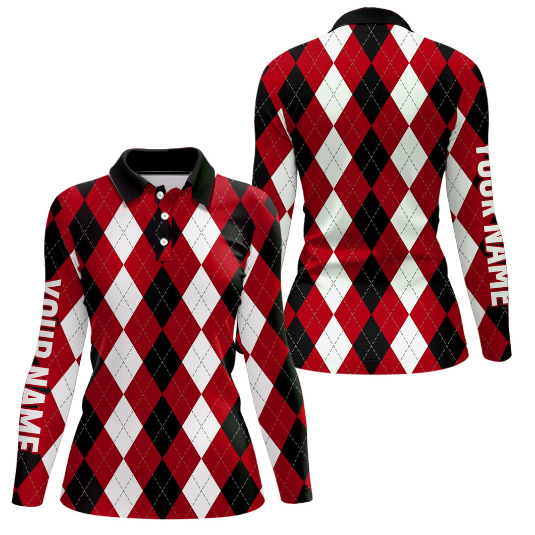 Womens golf polo shirts custom red argyle plaid pattern golf attire for women, golf gifts NQS7696