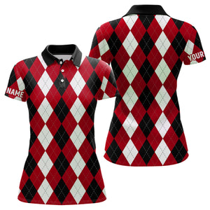 Womens golf polo shirts custom red argyle plaid pattern golf attire for women, golf gifts NQS7696