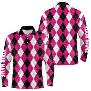 Mens golf polo shirts custom pink argyle plaid pattern golf attire for men, golfing gifts NQS7697