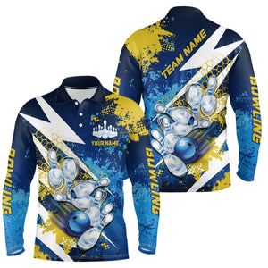 Yellow and blue grunge lightning Bowling Polo, Quarter Zip shirt For Men Custom Team Bowling Jersey NQS7700