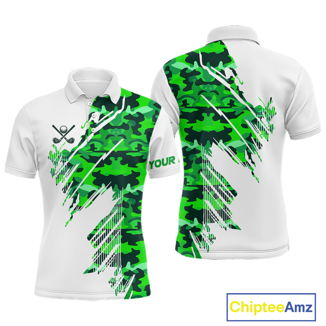 Personalized Mens golf polo shirts custom white and green camo mens golf apparel, golfing gifts NQS10334