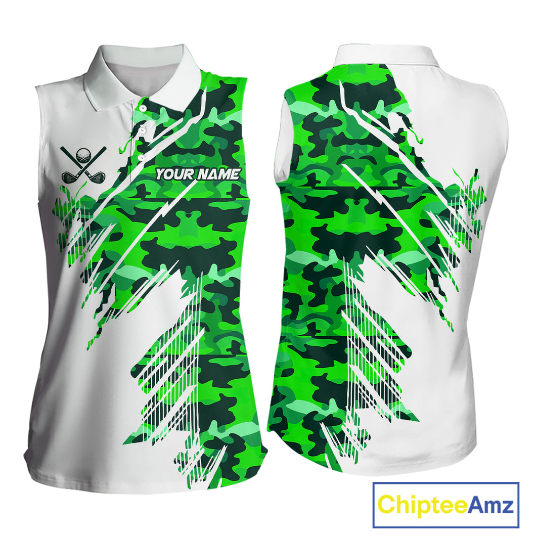 Personalized Women sleeveless golf polo shirt custom white and green camo ladies golf apparel NQS10334