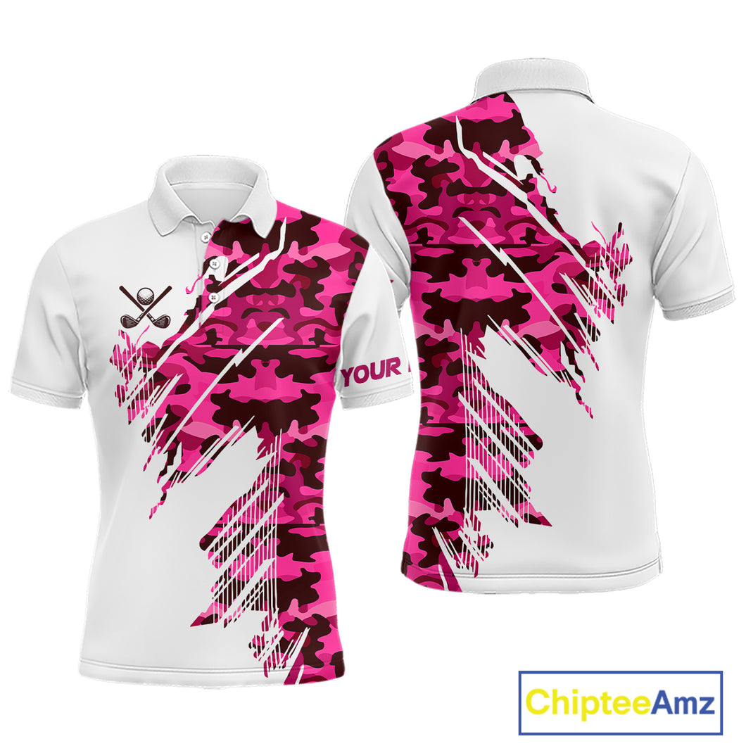 Personalized Mens golf polo shirts custom white and pink camo mens golf apparel, golfing gifts NQS10335