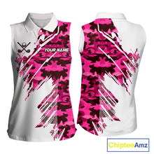 Load image into Gallery viewer, Personalized Women sleeveless golf polo shirt custom white and pink camo ladies golf apparel NQS10335