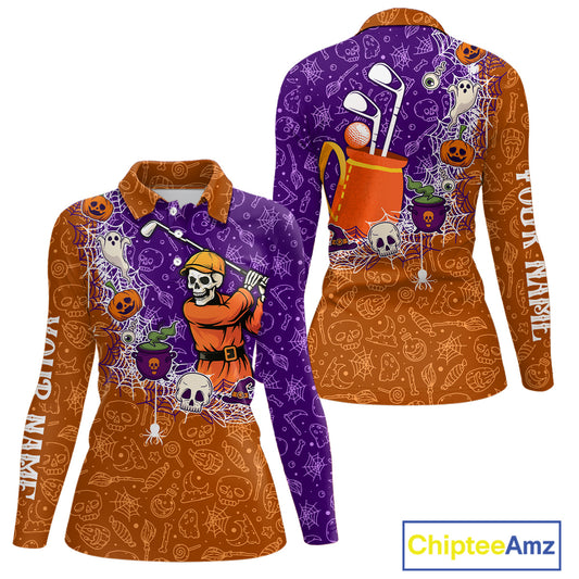 Halloween Skull Playing Golf Women Golf Polo Shirt Custom Halloween golf outfit For Ladies Golf Gifts NQS10340