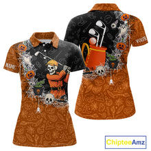 Load image into Gallery viewer, Halloween Skull Playing Golf Women Golf Polo Shirt Custom black &amp; orange Halloween mens golf outfit NQS10341