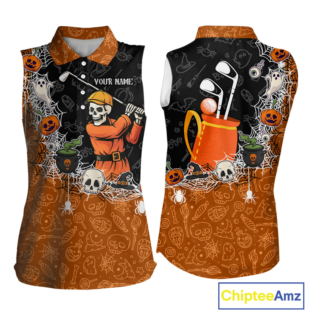 Halloween Skull Playing Golf Sleeveless Polo Shirt Custom black & orange Halloween ladies golf outfit NQS10341