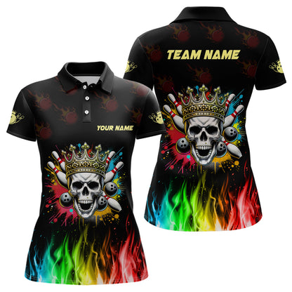 Colorful Flame Skull Bowling Polo, Quarter Zip Shirt For Women Custom Bowling Team League Jerseys NQS8402
