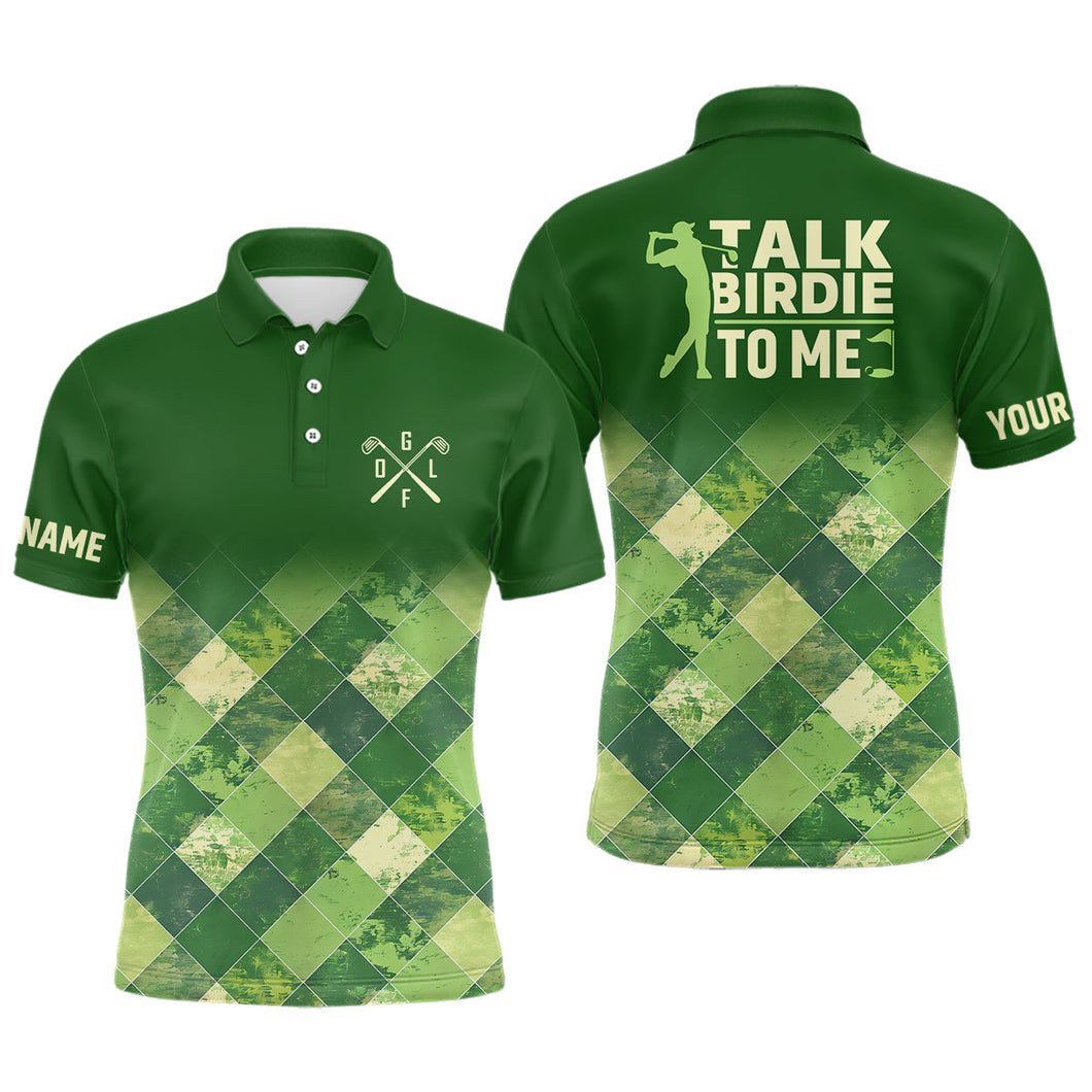 Funny Mens golf polo shirts custom green argyle pattern golf shirt for mens talk birdie to me NQS7374