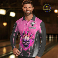 Load image into Gallery viewer, Black and pink flame skull Bowling Polo, 1/4 Zip Shirt for men Custom Team Bowling League Jersey NQS10203