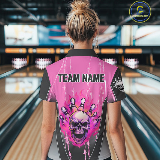 Black and pink flame skull Bowling Polo, 1/4 Zip Shirt for Women Custom Team Bowling League Jersey NQS10203