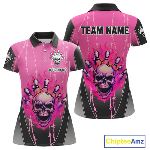Black and pink flame skull Bowling Polo, 1/4 Zip Shirt for Women Custom Team Bowling League Jersey NQS10203