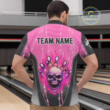 Load image into Gallery viewer, Black and pink flame skull Bowling Polo, 1/4 Zip Shirt for men Custom Team Bowling League Jersey NQS10203