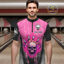 Load image into Gallery viewer, Black and pink flame skull Bowling Polo, 1/4 Zip Shirt for men Custom Team Bowling League Jersey NQS10203