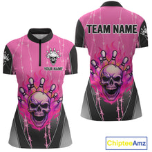 Load image into Gallery viewer, Black and pink flame skull Bowling Polo, 1/4 Zip Shirt for Women Custom Team Bowling League Jersey NQS10203