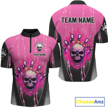 Load image into Gallery viewer, Black and pink flame skull Bowling Polo, 1/4 Zip Shirt for men Custom Team Bowling League Jersey NQS10203