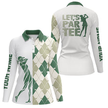 Load image into Gallery viewer, Green and white golf shirt argyle pattern golf clubs custom name Womens golf polo shirts Let's par tee NQS6040