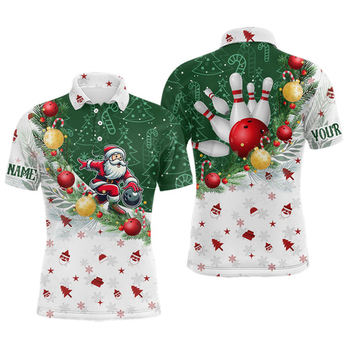 Christmas Santa Playing Bowling Mens Polo, Quarter Zip shirts Custom Christmas Team Bowling Jerseys NQS9068