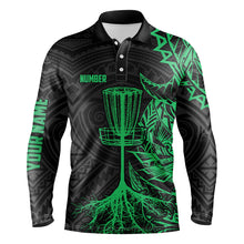 Load image into Gallery viewer, Green tribal Mens disc golf polo shirt custom black disc golf basket jerseys team mens disc golf shirt NQS6048