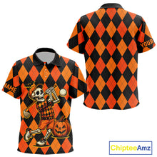 Load image into Gallery viewer, Funny Kid golf polo shirt custom orange and black argyle plaid Halloween Skull golf attire for Kid NQS10355