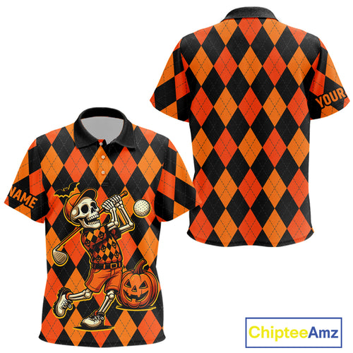 Funny Kid golf polo shirt custom orange and black argyle plaid Halloween Skull golf attire for Kid NQS10355
