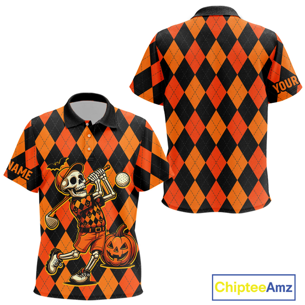 Funny Kid golf polo shirt custom orange and black argyle plaid Halloween Skull golf attire for Kid NQS10355