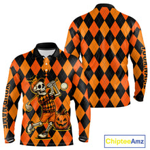 Load image into Gallery viewer, Funny Mens golf polo shirts custom orange and black argyle plaid Halloween Skull golf attire for men NQS10355