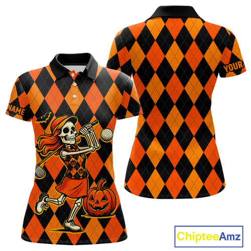 Funny Women golf polo shirt custom orange and black argyle plaid Halloween Skull ladies golf attire NQS10355