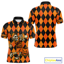 Load image into Gallery viewer, Funny Mens golf polo shirts custom orange and black argyle plaid Halloween Skull golf attire for men NQS10355