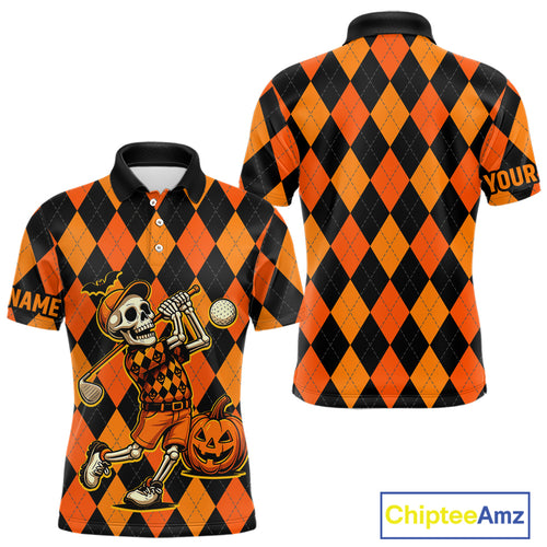 Funny Mens golf polo shirts custom orange and black argyle plaid Halloween Skull golf attire for men NQS10355