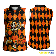 Load image into Gallery viewer, Funny Women sleeveless polo shirt custom orange black argyle plaid Halloween Skull ladies golf attire NQS10355