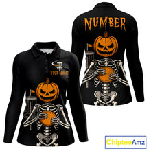 Load image into Gallery viewer, Black and Orange Halloween disc golf skull custom Women disc golf polo shirts, disc golf gifts NQS10788