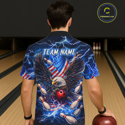 US Flag Eagle Bowling Hawaiian Shirt Custom Blue Lightning Thunder Patriotic Team Bowling Jerseys NQS11581