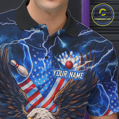 US Flag Eagle Bowling Shirts for Men Custom Blue Lightning Thunder Patriotic Team Bowling Jerseys NQS11581