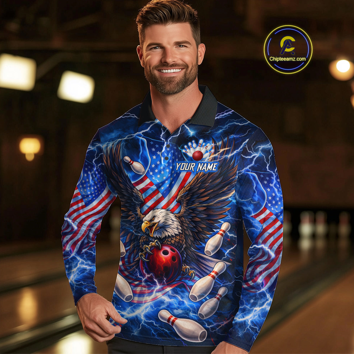 US Flag Eagle Bowling Shirts for Men Custom Blue Lightning Thunder Patriotic Team Bowling Jerseys NQS11581