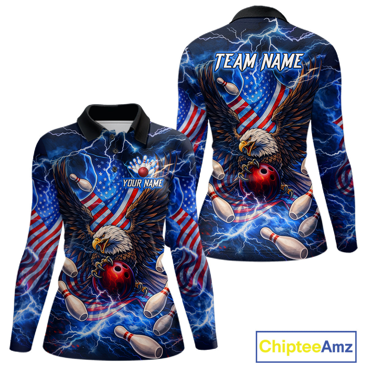 US Flag Eagle Bowling Shirts for Women Custom Blue Lightning Thunder Patriotic Team Bowling Jerseys NQS11581