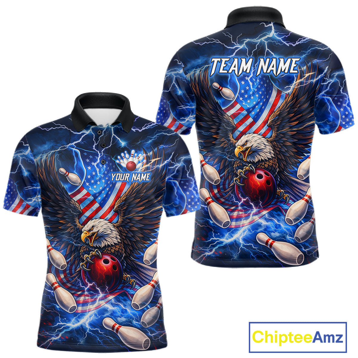 US Flag Eagle Bowling Shirts for Men Custom Blue Lightning Thunder Patriotic Team Bowling Jerseys NQS11581
