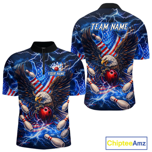US Flag Eagle Bowling Shirts for Men Custom Blue Lightning Thunder Patriotic Team Bowling Jerseys NQS11581