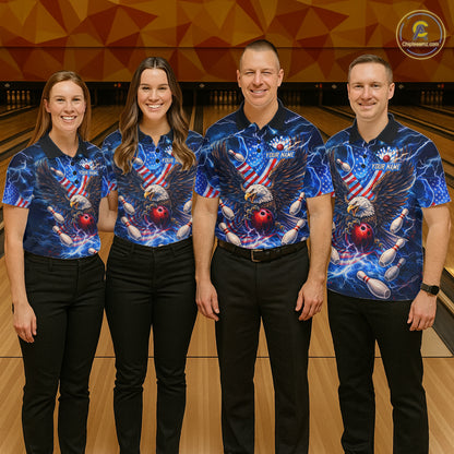 US Flag Eagle Bowling Shirts for Men Custom Blue Lightning Thunder Patriotic Team Bowling Jerseys NQS11581