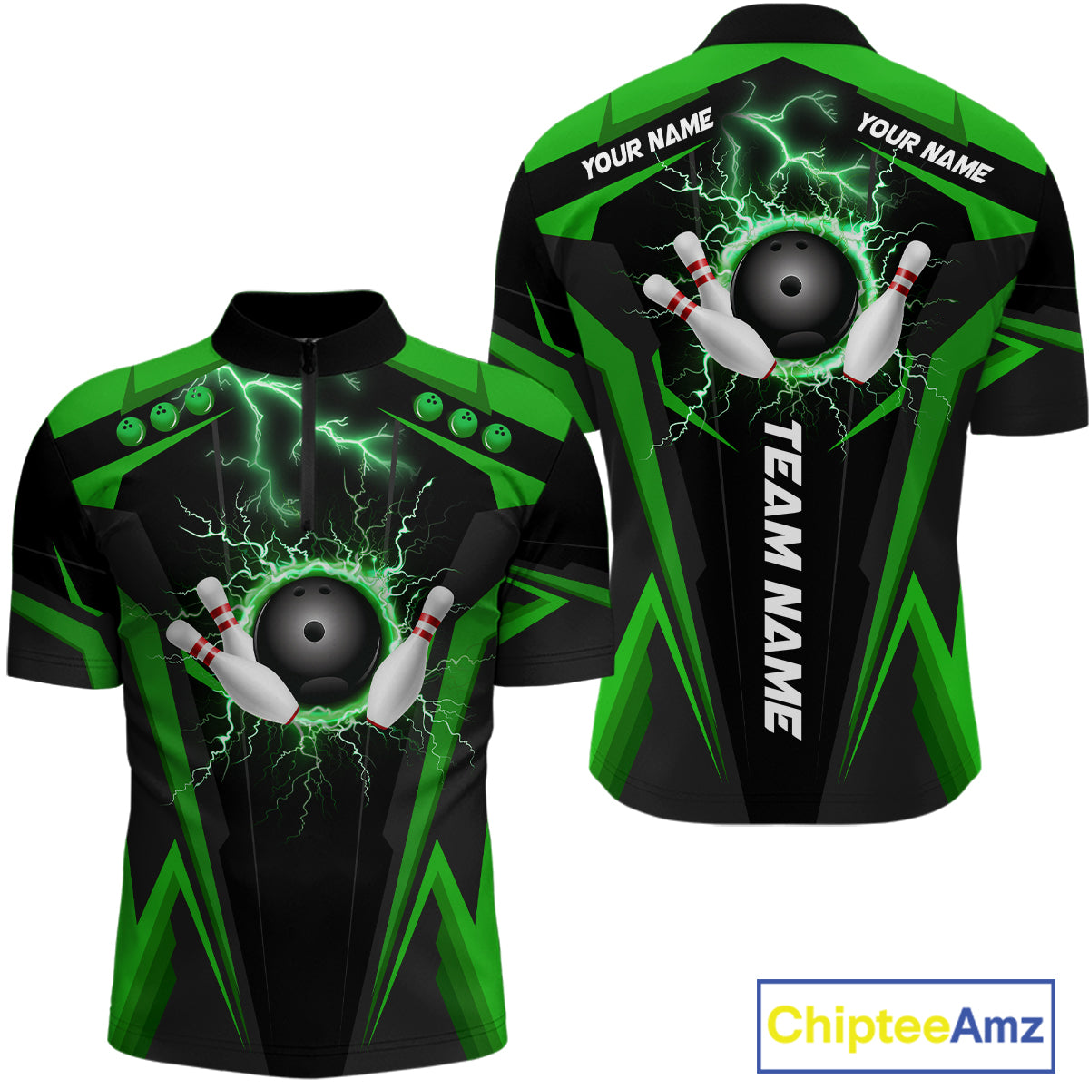 Black Men bowling Polo, Quarter Zip shirt Custom lightning thunder team league bowling jersey | Green NQS10374