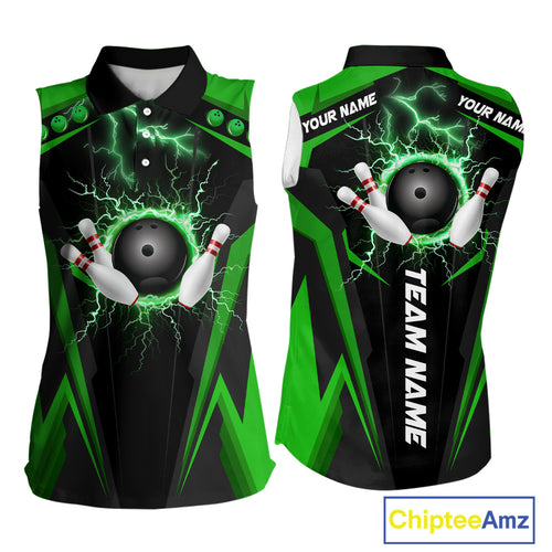 Black Women bowling Sleeveless Polo shirt Custom lightning thunder team league bowling jersey | Green NQS10374