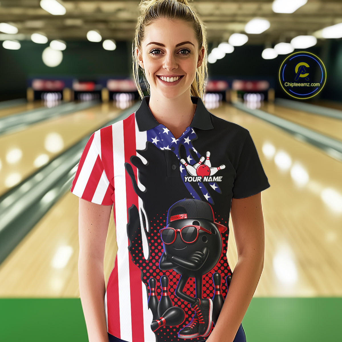 Personalized American flag bowling jersey funny bowling shirts, patriotic bowling outfits for women NQS11383