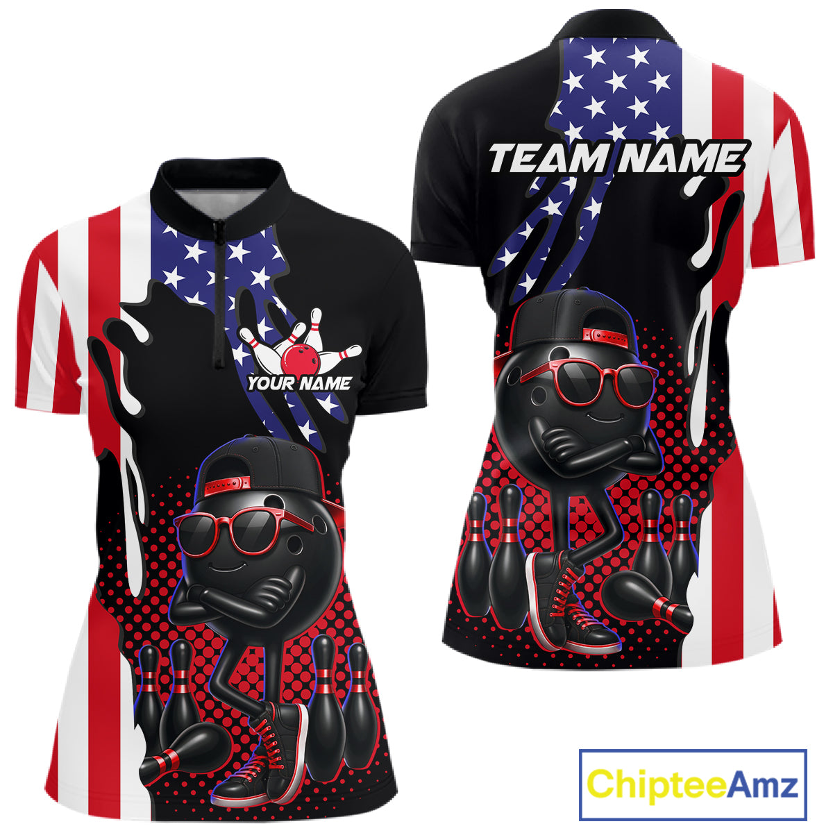 Personalized American flag bowling jersey funny bowling shirts, patriotic bowling outfits for women NQS11383